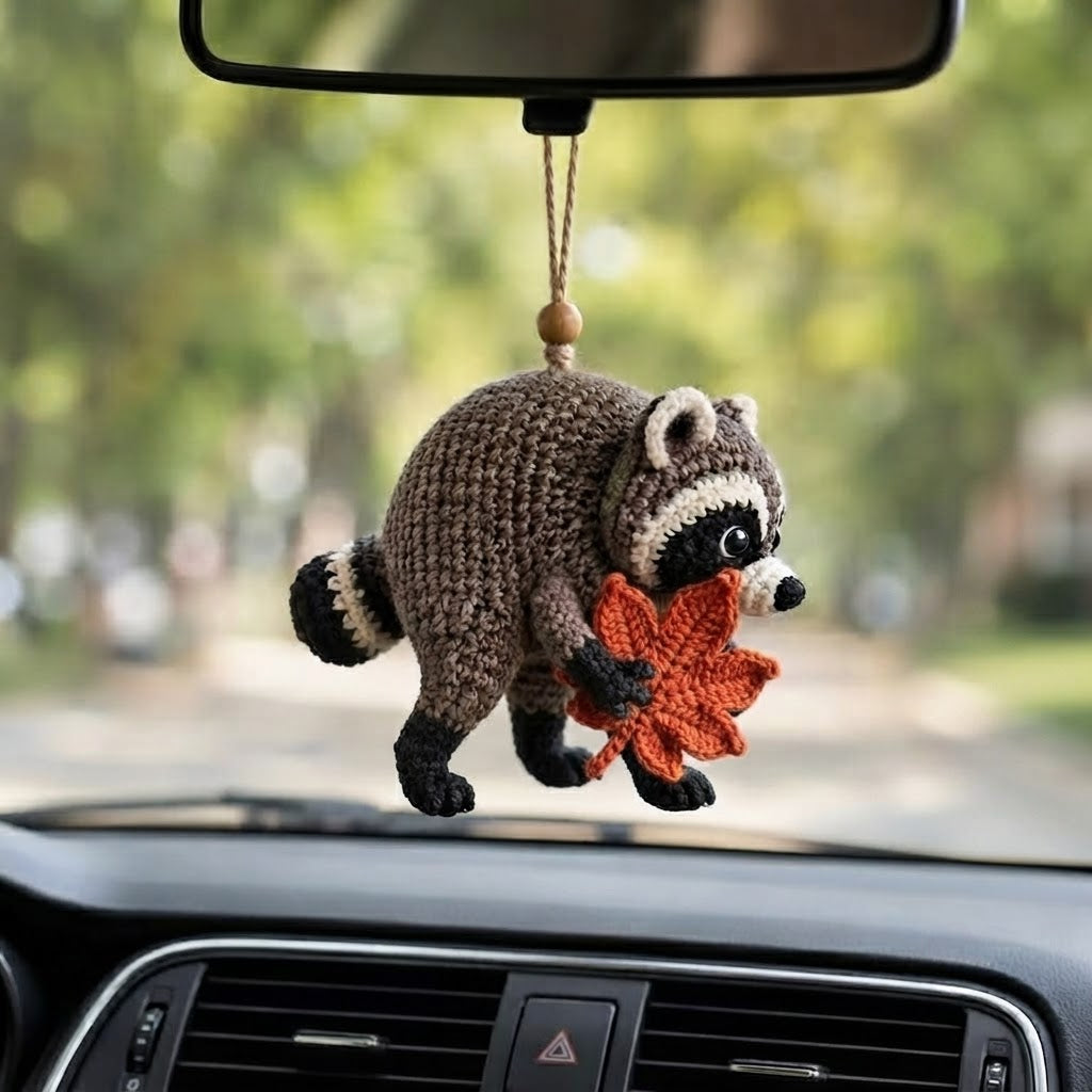 Jimothy Raccoon Crochet Car Charm – Handmade Autumn Leaf Raccoon Rear View Mirror Accessory