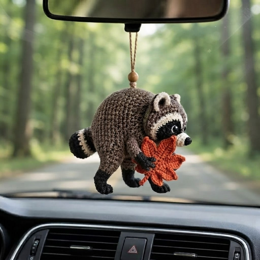 Jimothy Raccoon Crochet Car Charm – Handmade Autumn Leaf Raccoon Rear View Mirror Accessory