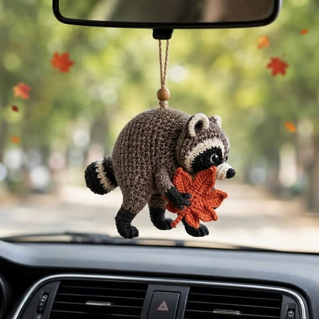Jimothy Raccoon Crochet Car Charm – Handmade Autumn Leaf Raccoon Rear View Mirror Accessory