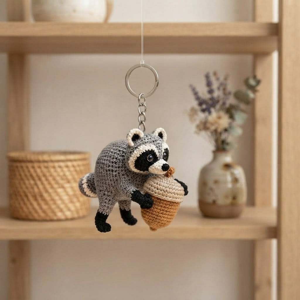 Jimothy Raccoon Crochet Keychain – Handmade Acorn Raccoon Bag Charm & Key Ring