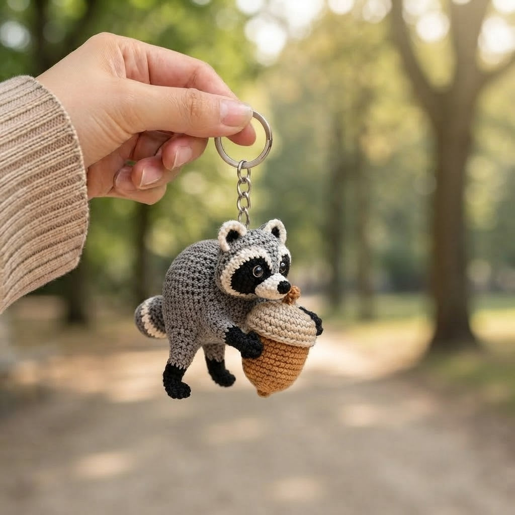 Jimothy Raccoon Crochet Keychain – Handmade Acorn Raccoon Bag Charm & Key Ring
