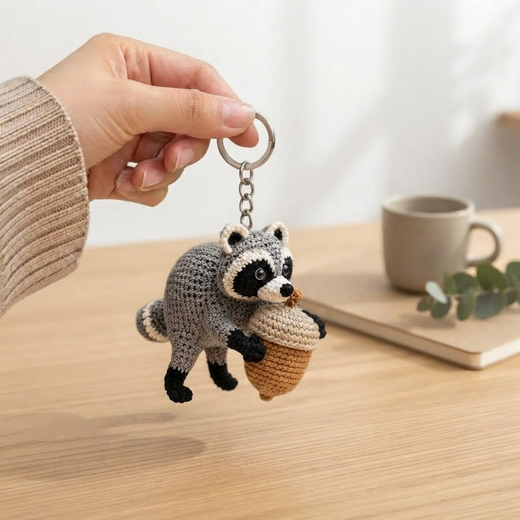 Jimothy Raccoon Crochet Keychain – Handmade Acorn Raccoon Bag Charm & Key Ring