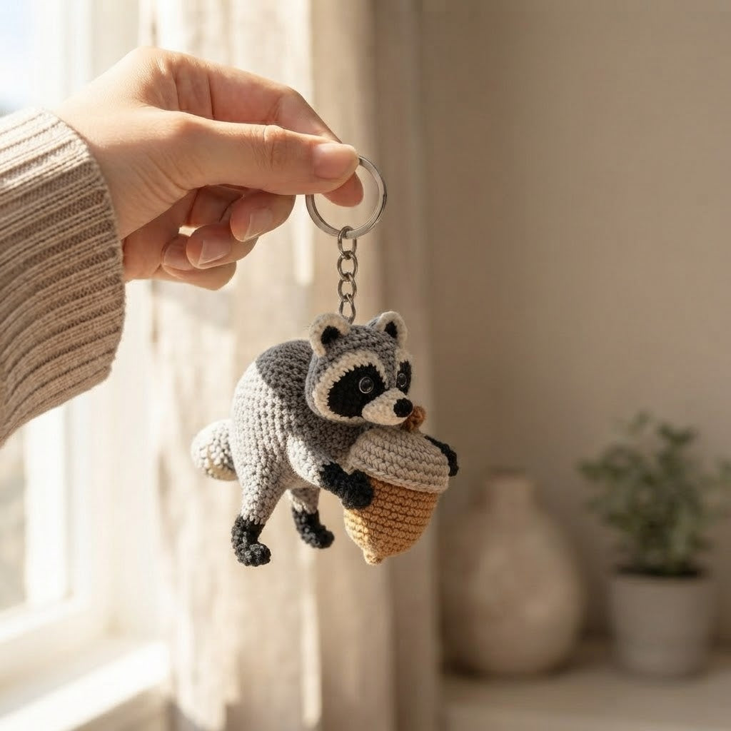 Jimothy Raccoon Crochet Keychain – Handmade Acorn Raccoon Bag Charm & Key Ring