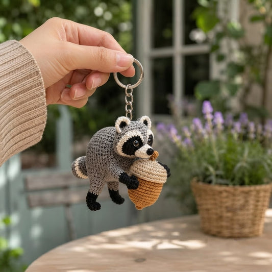 Jimothy Raccoon Crochet Keychain – Handmade Acorn Raccoon Bag Charm & Key Ring