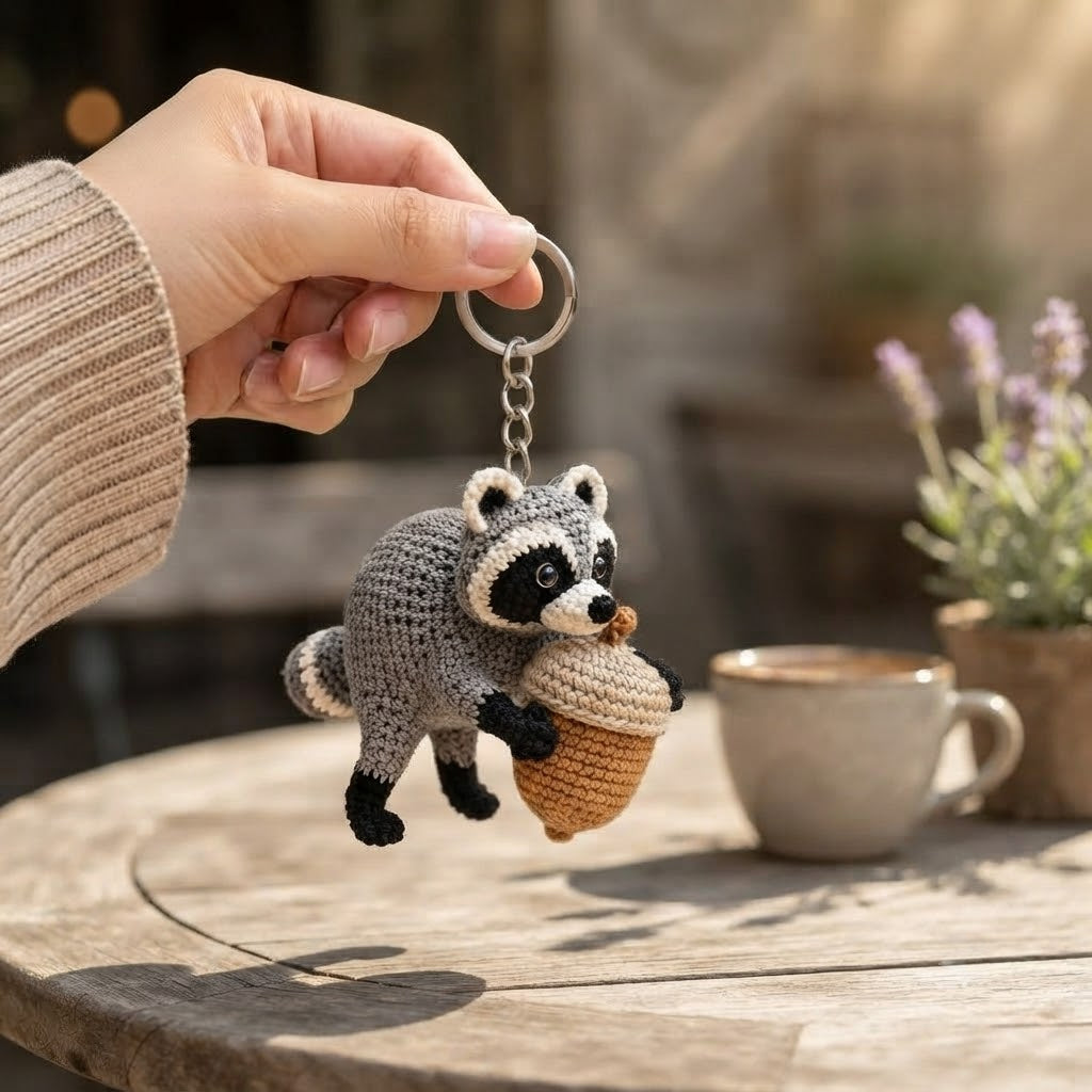 Jimothy Raccoon Crochet Keychain – Handmade Acorn Raccoon Bag Charm & Key Ring