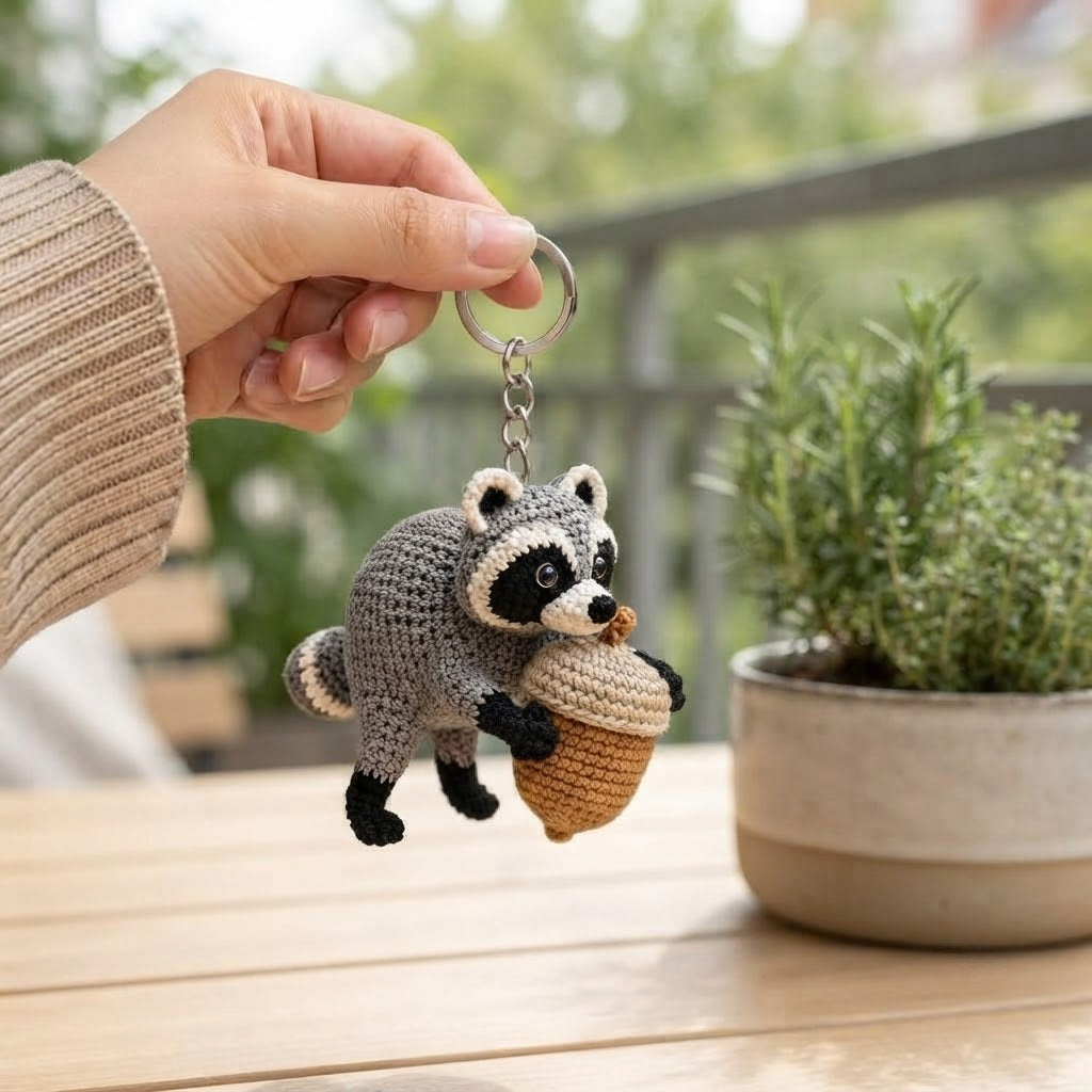 Jimothy Raccoon Crochet Keychain – Handmade Acorn Raccoon Bag Charm & Key Ring
