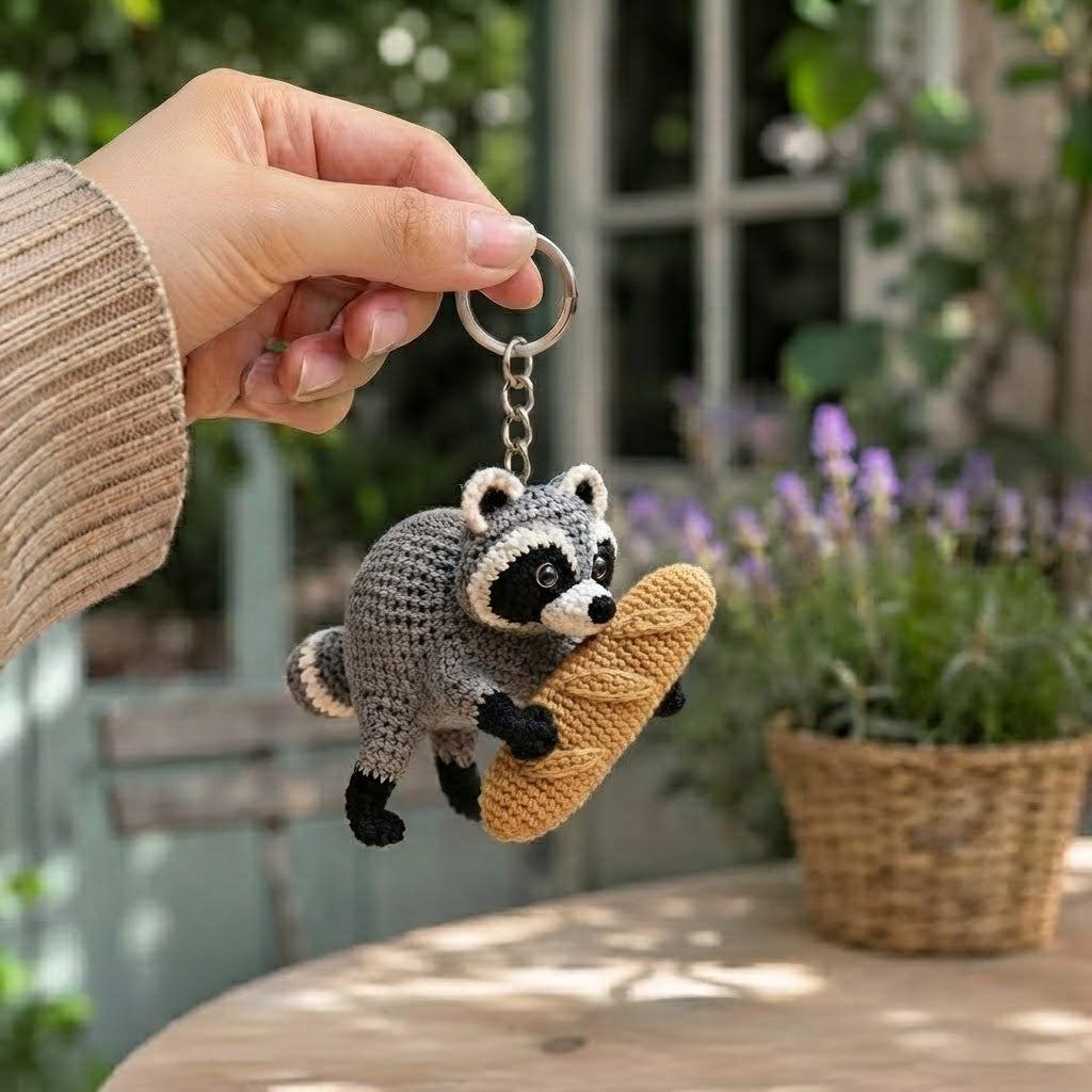 Jimothy Raccoon Crochet Keychain – Handmade Baguette Raccoon Bag Charm & Key Ring