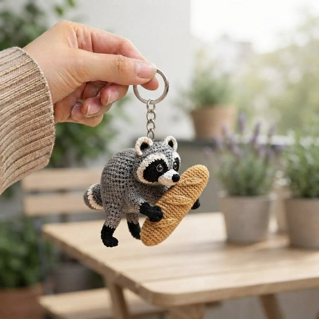 Jimothy Raccoon Crochet Keychain – Handmade Baguette Raccoon Bag Charm & Key Ring