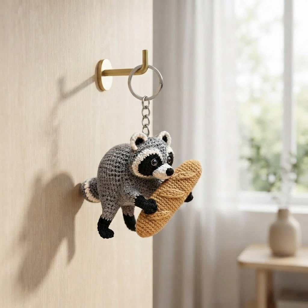 Jimothy Raccoon Crochet Keychain – Handmade Baguette Raccoon Bag Charm & Key Ring