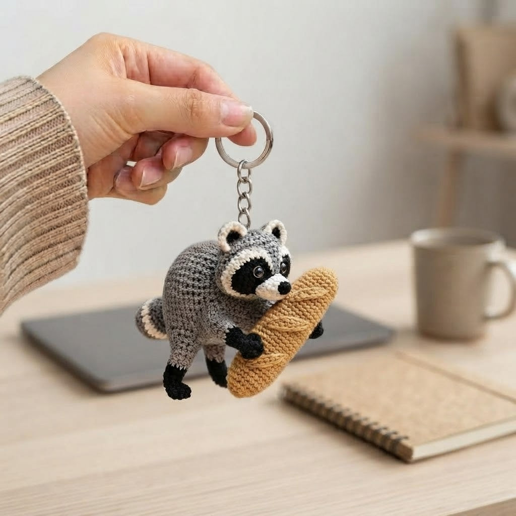 Jimothy Raccoon Crochet Keychain – Handmade Baguette Raccoon Bag Charm & Key Ring