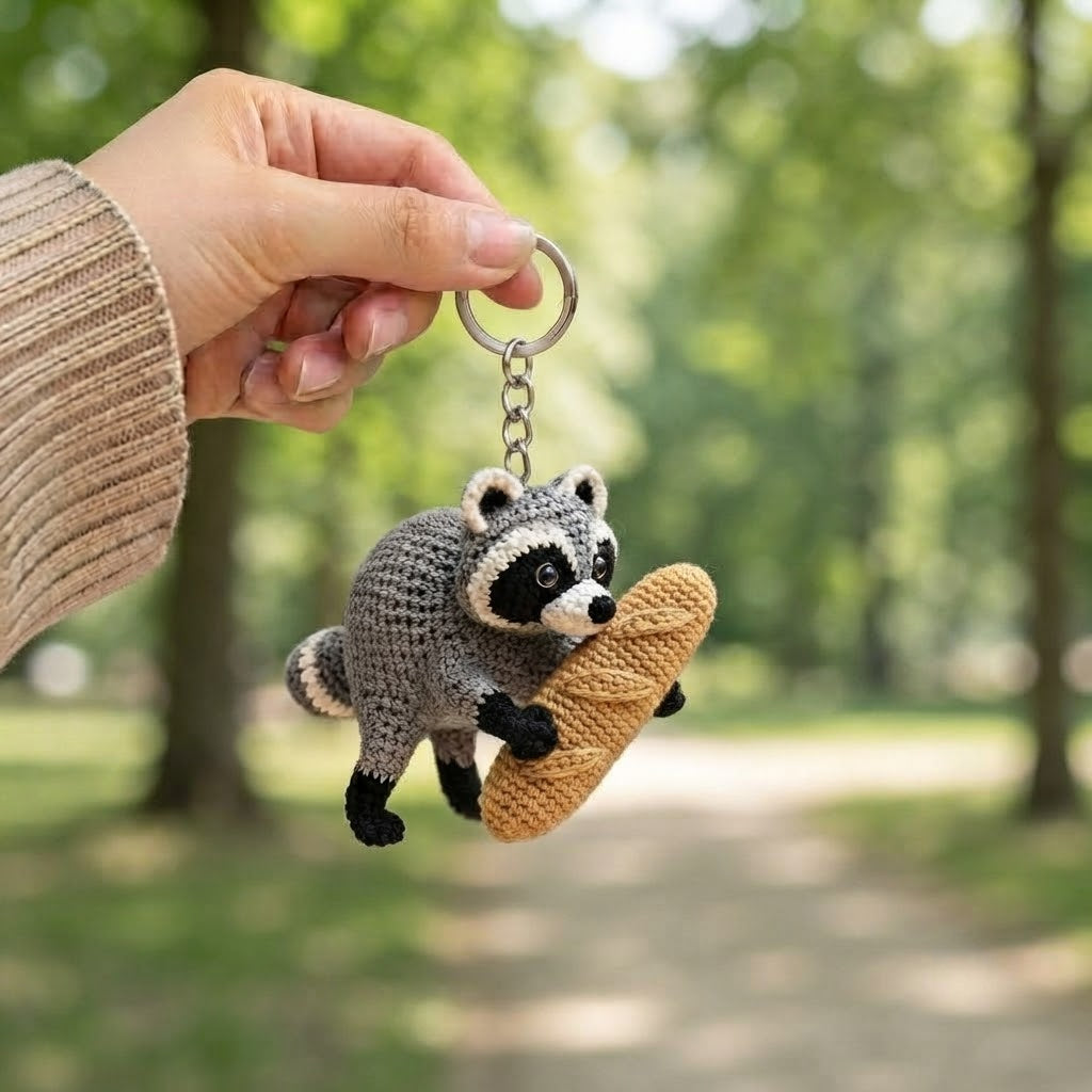 Jimothy Raccoon Crochet Keychain – Handmade Baguette Raccoon Bag Charm & Key Ring