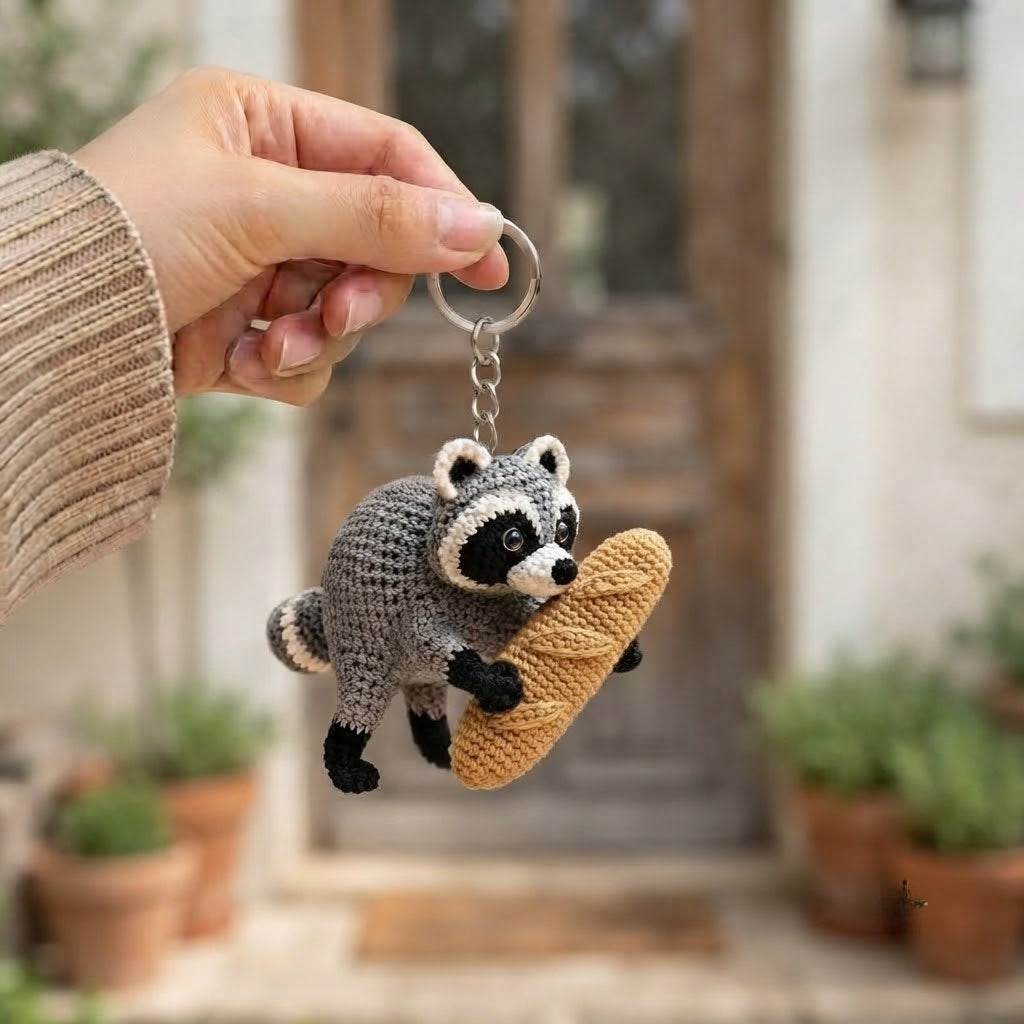Jimothy Raccoon Crochet Keychain – Handmade Baguette Raccoon Bag Charm & Key Ring