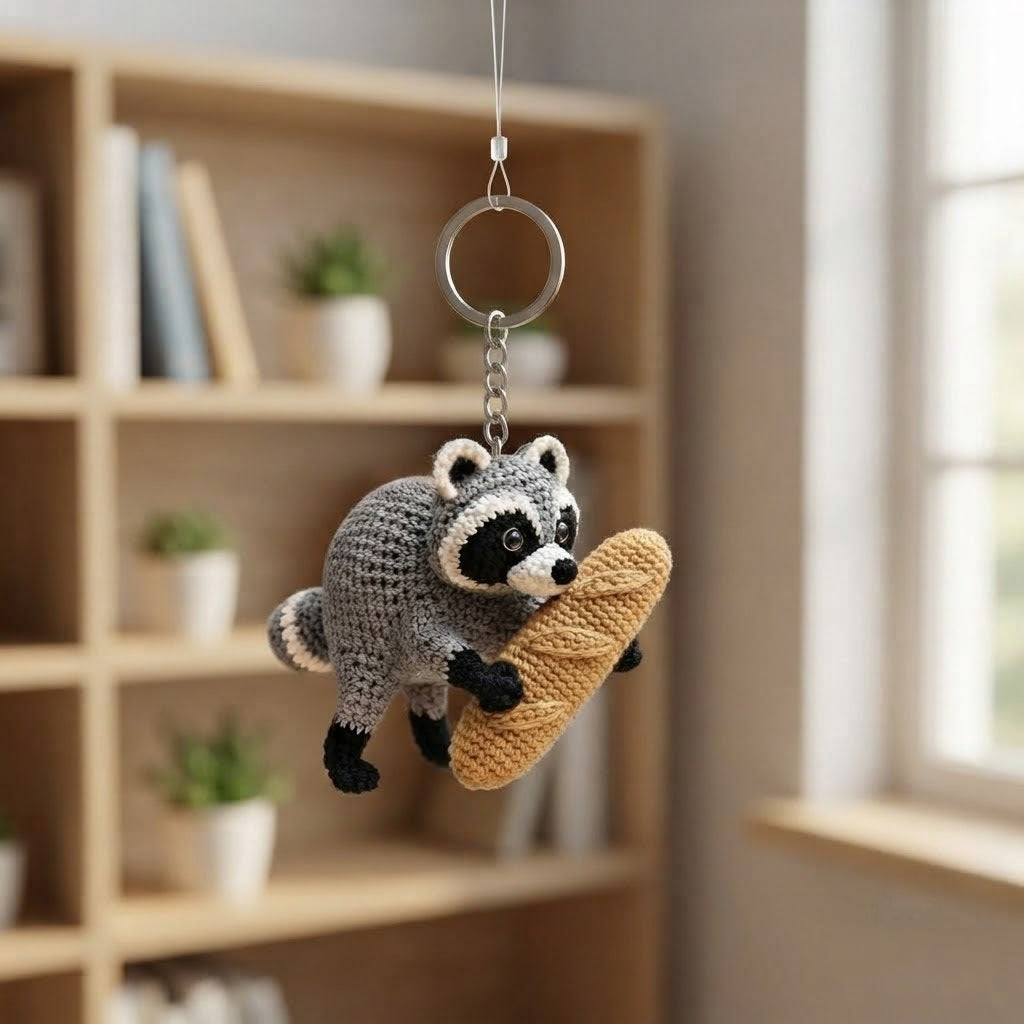 Jimothy Raccoon Crochet Keychain – Handmade Baguette Raccoon Bag Charm & Key Ring