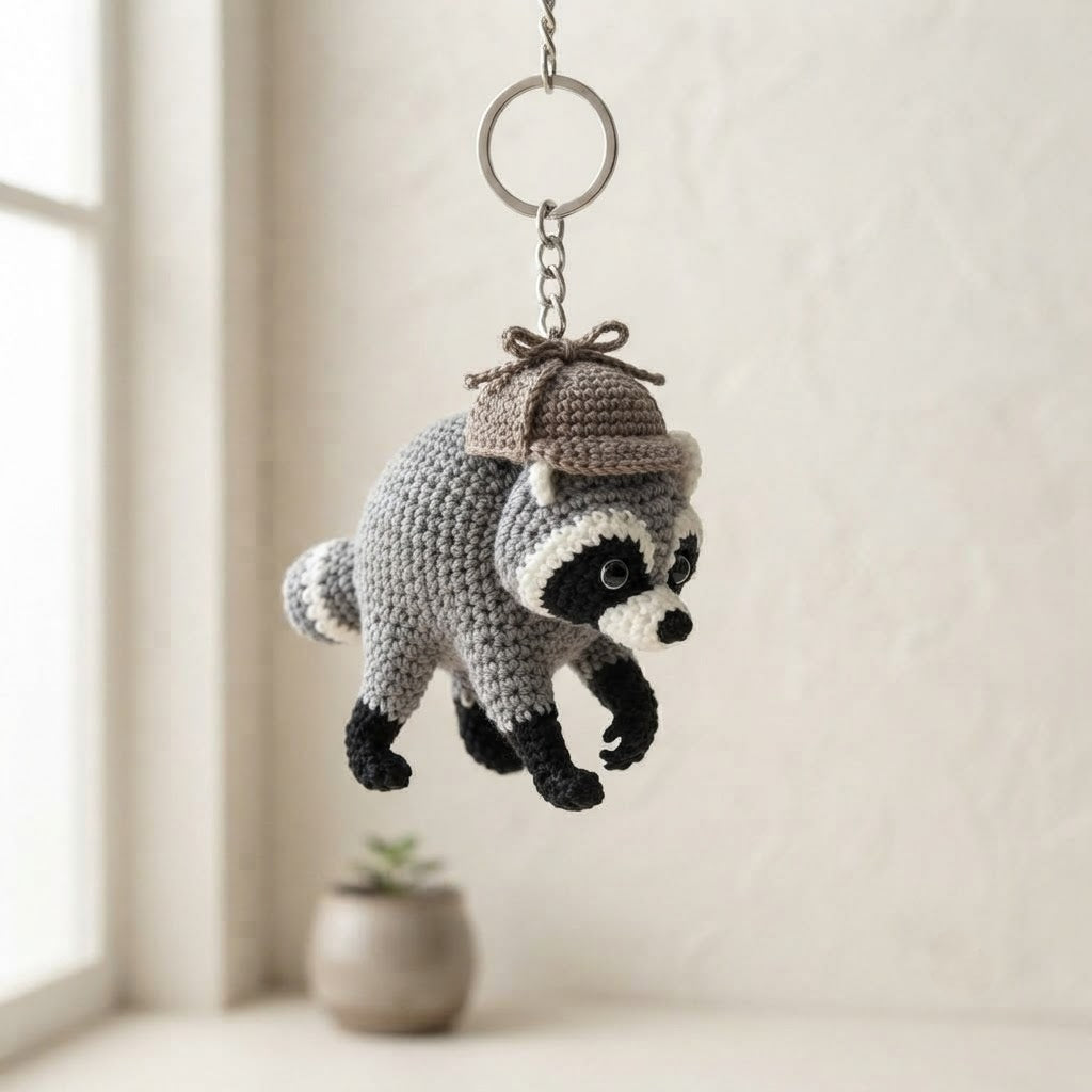 Jimothy Raccoon Crochet Keychain – Handmade Detective Raccoon Bag Charm & Key Ring