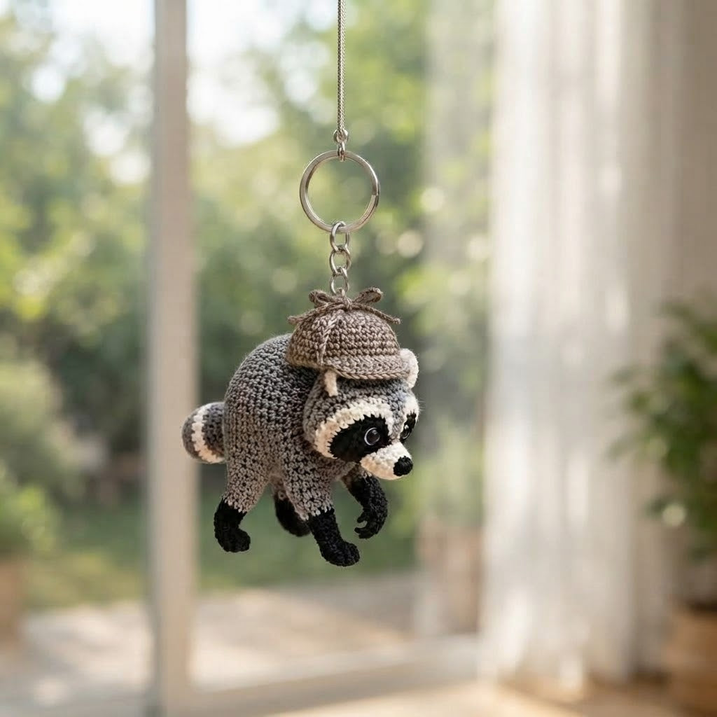 Jimothy Raccoon Crochet Keychain – Handmade Detective Raccoon Bag Charm & Key Ring