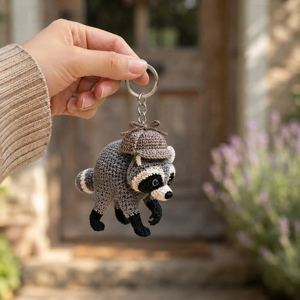 Jimothy Raccoon Crochet Keychain – Handmade Detective Raccoon Bag Charm & Key Ring
