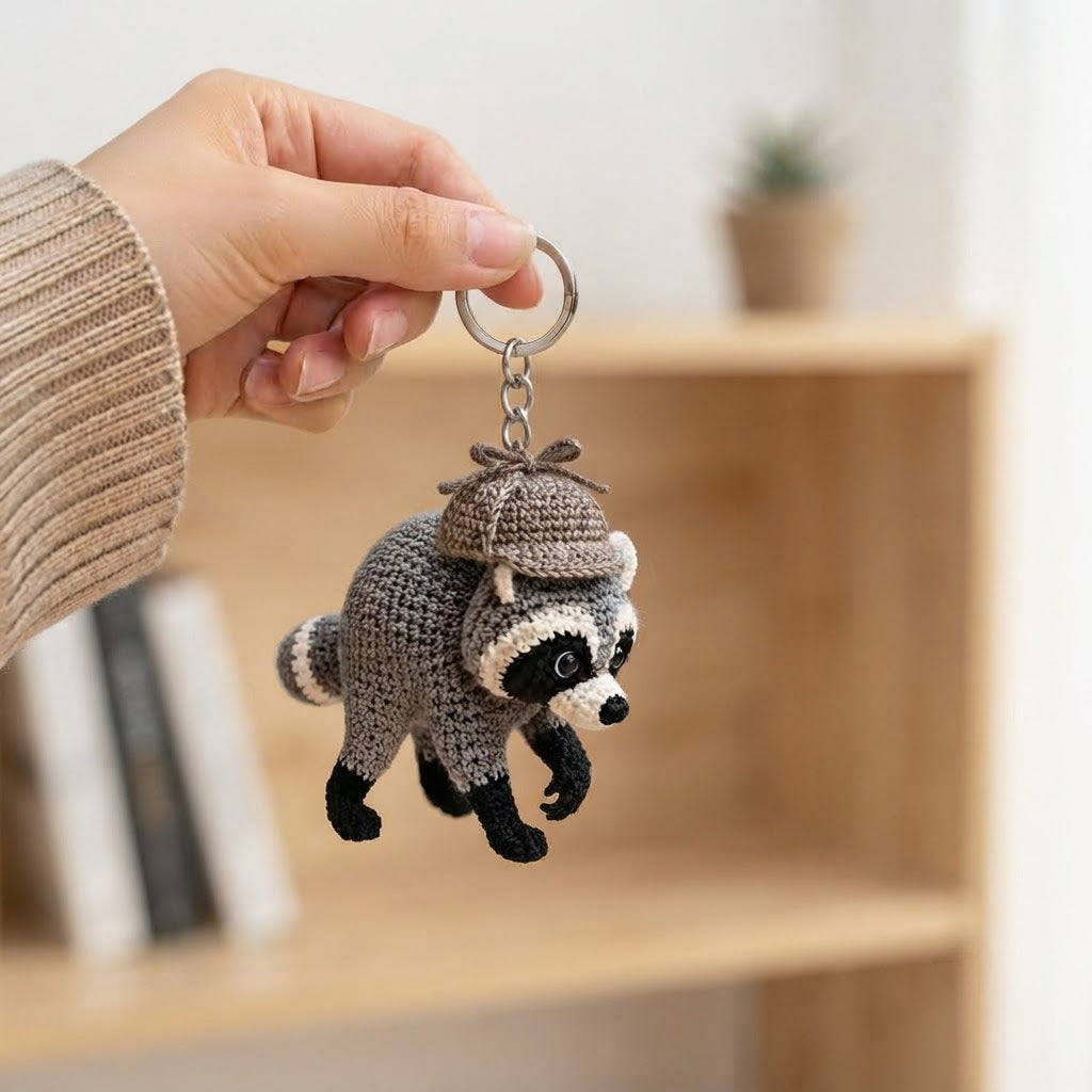Jimothy Raccoon Crochet Keychain – Handmade Detective Raccoon Bag Charm & Key Ring
