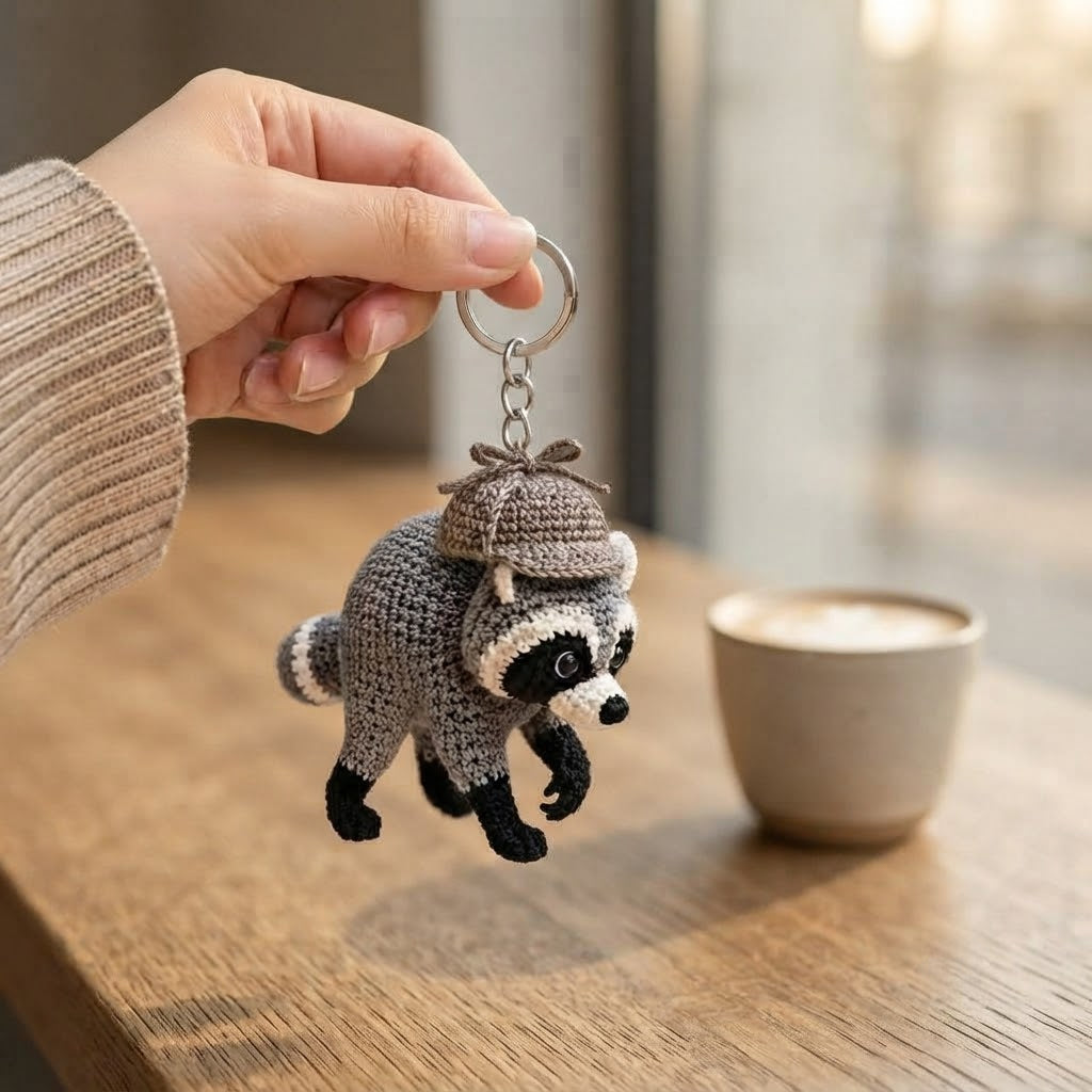 Jimothy Raccoon Crochet Keychain – Handmade Detective Raccoon Bag Charm & Key Ring