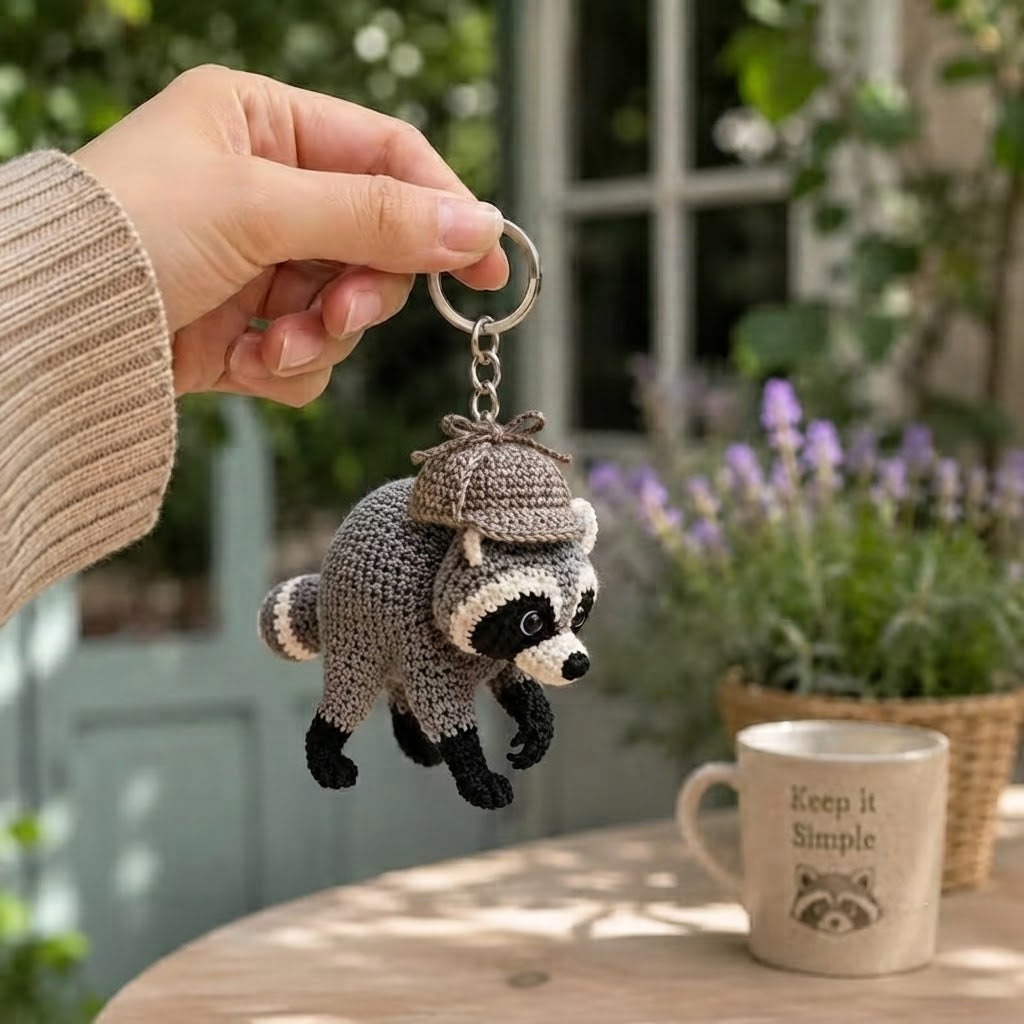 Jimothy Raccoon Crochet Keychain – Handmade Detective Raccoon Bag Charm & Key Ring