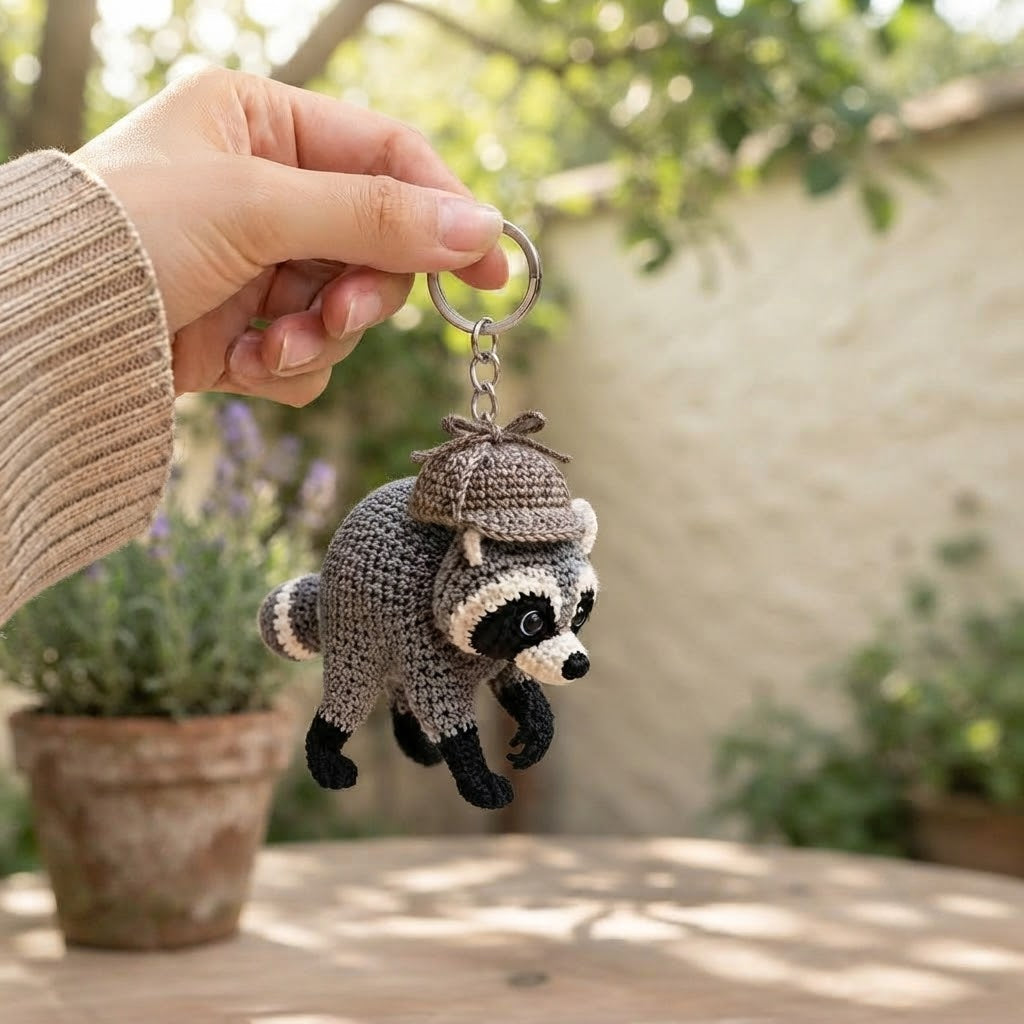 Jimothy Raccoon Crochet Keychain – Handmade Detective Raccoon Bag Charm & Key Ring