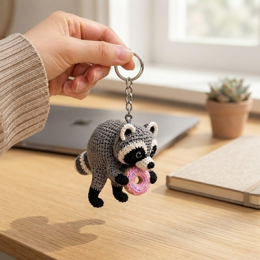 Jimothy Raccoon Crochet Keychain – Handmade Donut Raccoon Bag Charm & Key Ring