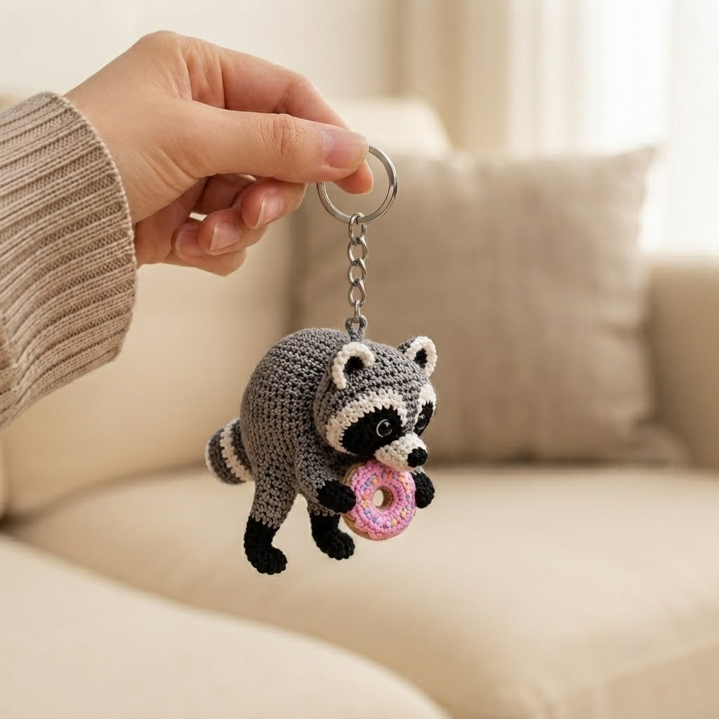 Jimothy Raccoon Crochet Keychain – Handmade Donut Raccoon Bag Charm & Key Ring