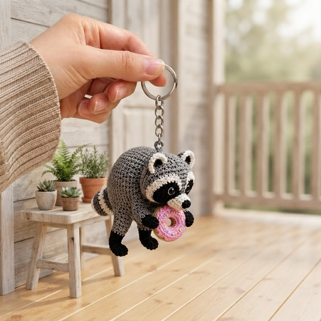 Jimothy Raccoon Crochet Keychain – Handmade Donut Raccoon Bag Charm & Key Ring