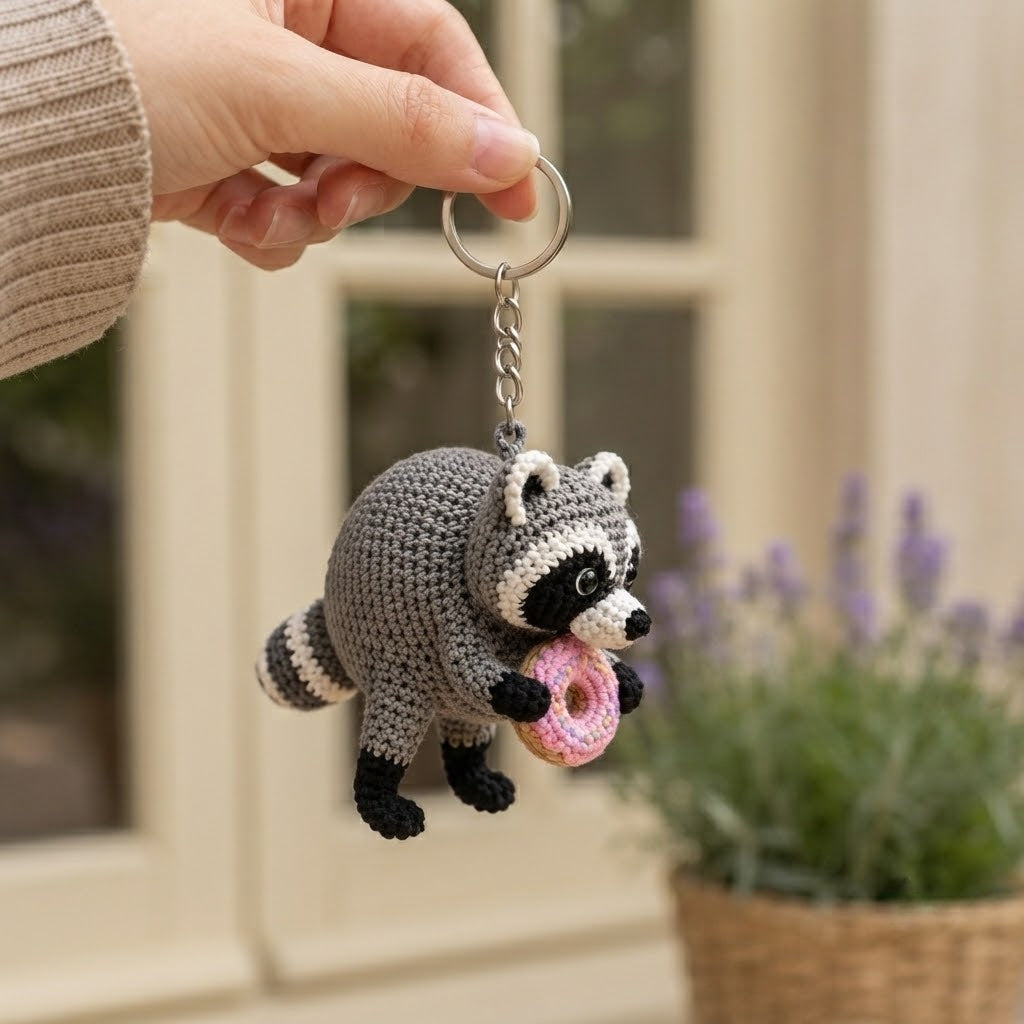 Jimothy Raccoon Crochet Keychain – Handmade Donut Raccoon Bag Charm & Key Ring