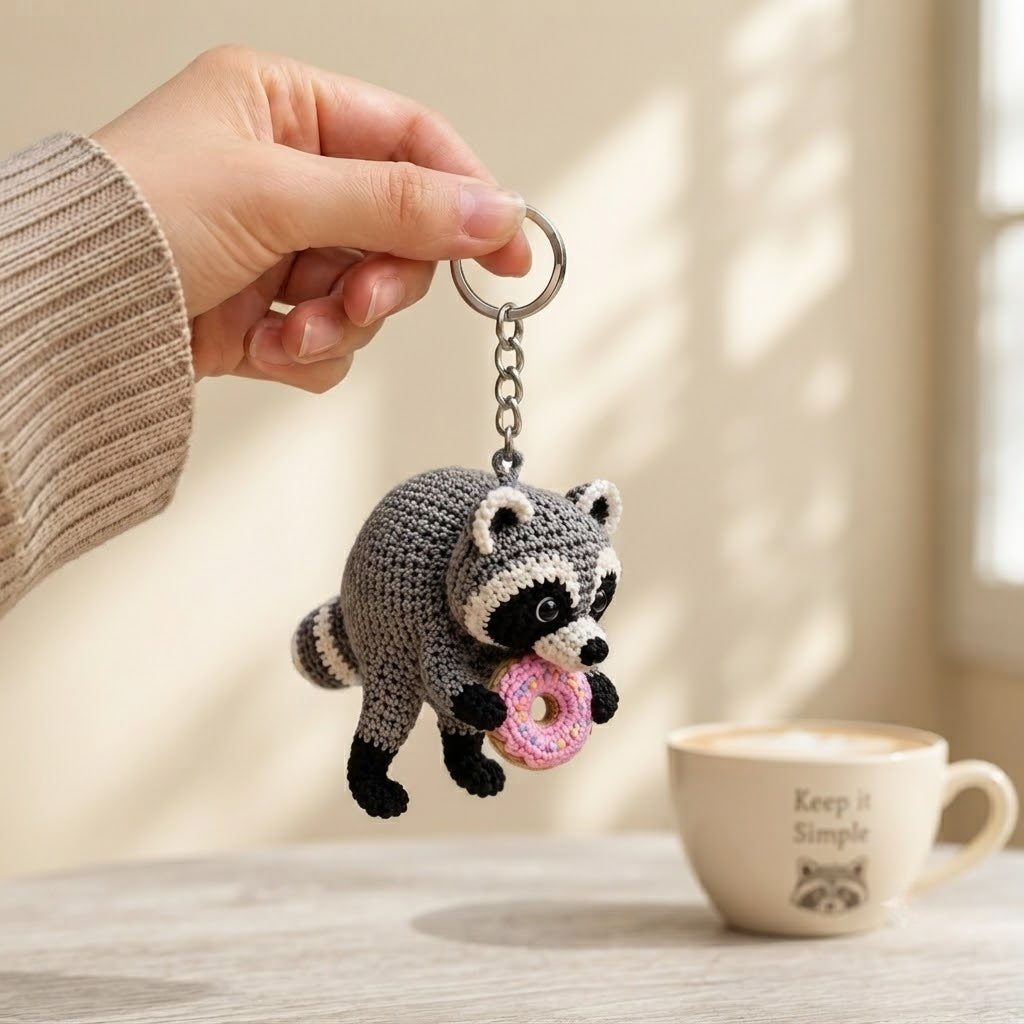 Jimothy Raccoon Crochet Keychain – Handmade Donut Raccoon Bag Charm & Key Ring