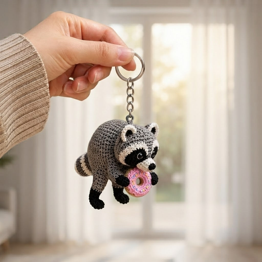Jimothy Raccoon Crochet Keychain – Handmade Donut Raccoon Bag Charm & Key Ring