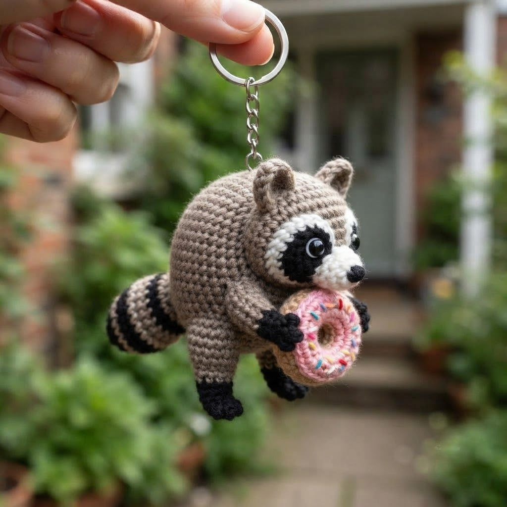 Jimothy Raccoon Crochet Keychain – Handmade Donut Raccoon Bag Charm & Key Ring