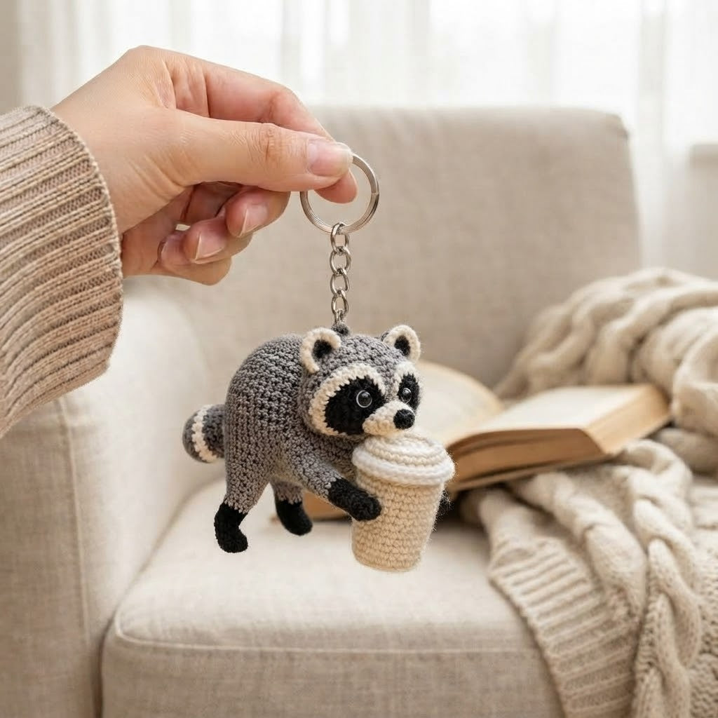 Jimothy Raccoon Crochet Keychain – Handmade Coffee Raccoon Bag Charm & Key Ring