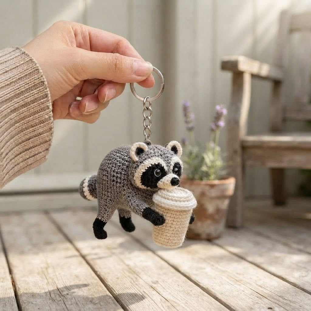 Jimothy Raccoon Crochet Keychain – Handmade Coffee Raccoon Bag Charm & Key Ring