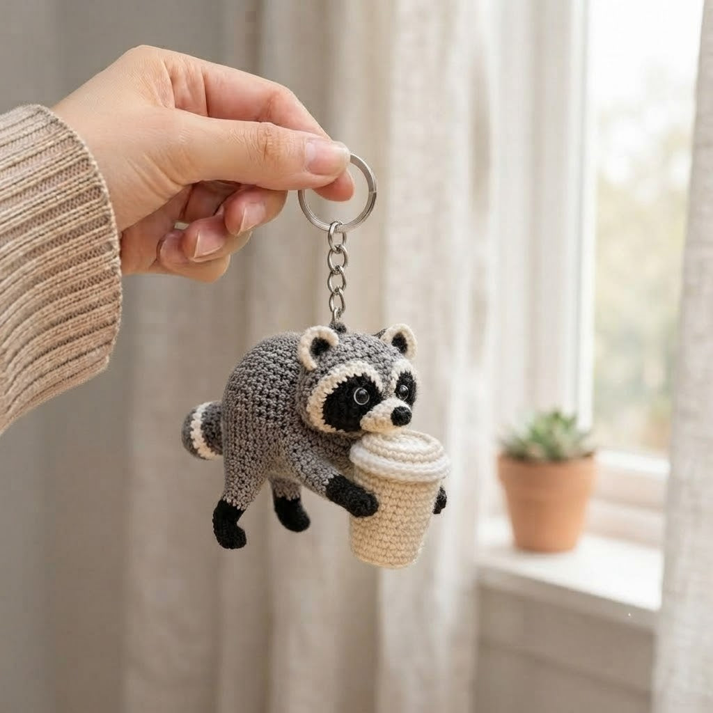 Jimothy Raccoon Crochet Keychain – Handmade Coffee Raccoon Bag Charm & Key Ring