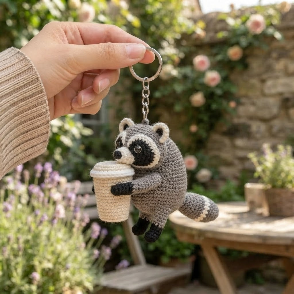 Jimothy Raccoon Crochet Keychain – Handmade Coffee Raccoon Bag Charm & Key Ring