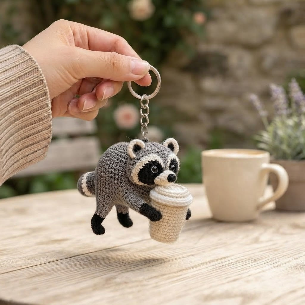 Jimothy Raccoon Crochet Keychain – Handmade Coffee Raccoon Bag Charm & Key Ring