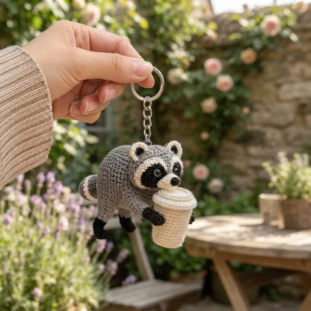 Jimothy Raccoon Crochet Keychain – Handmade Coffee Raccoon Bag Charm & Key Ring