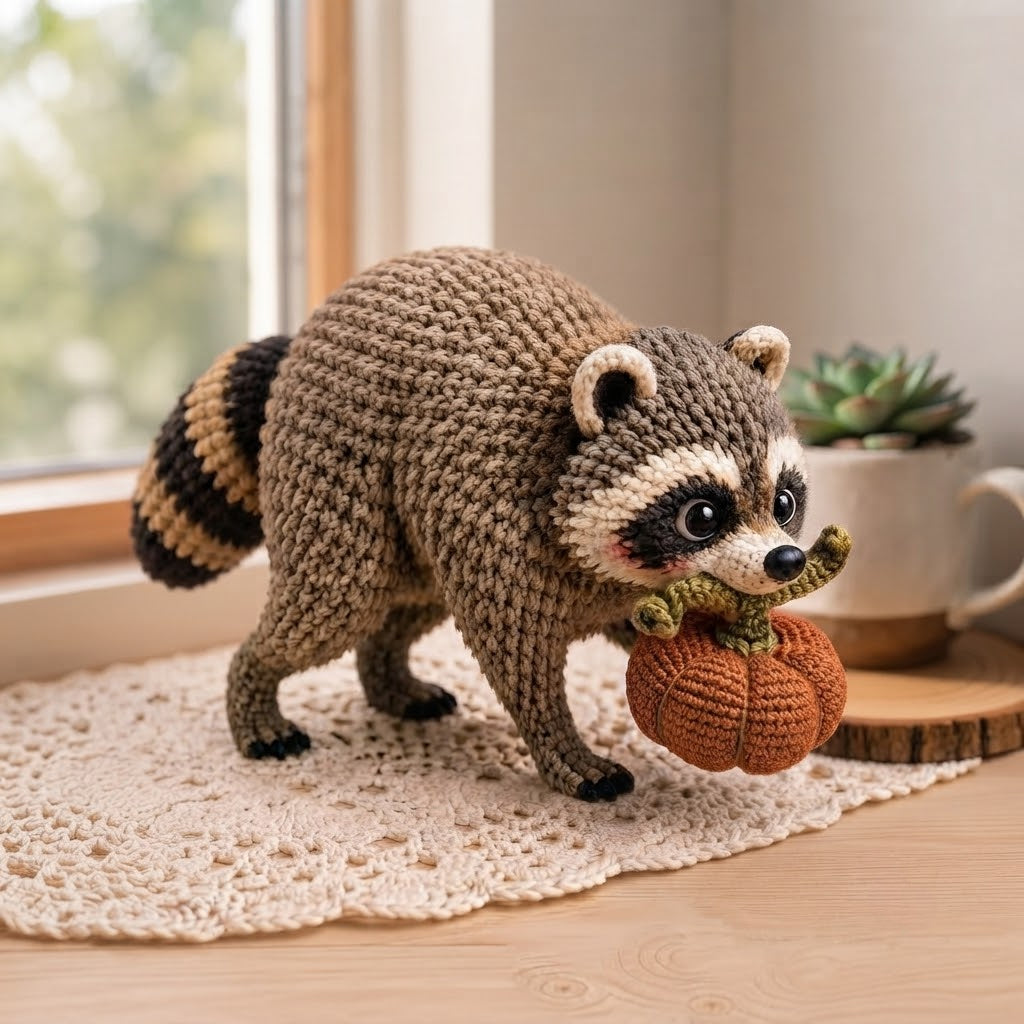Jimothy Raccoon Crochet Stuffed Animal – Handmade Pumpkin Raccoon Desk Decor
