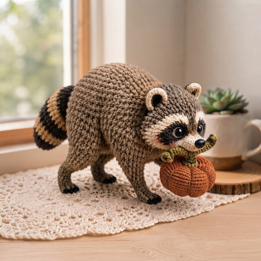 Jimothy Raccoon Crochet Stuffed Animal – Handmade Pumpkin Raccoon Desk Decor