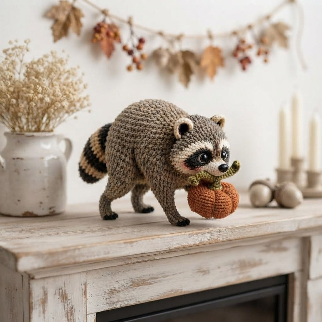 Jimothy Raccoon Crochet Stuffed Animal – Handmade Pumpkin Raccoon Desk Decor
