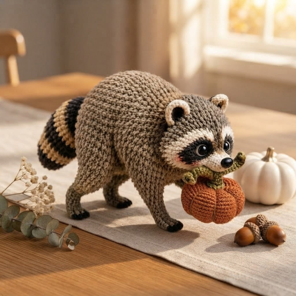 Jimothy Raccoon Crochet Stuffed Animal – Handmade Pumpkin Raccoon Desk Decor