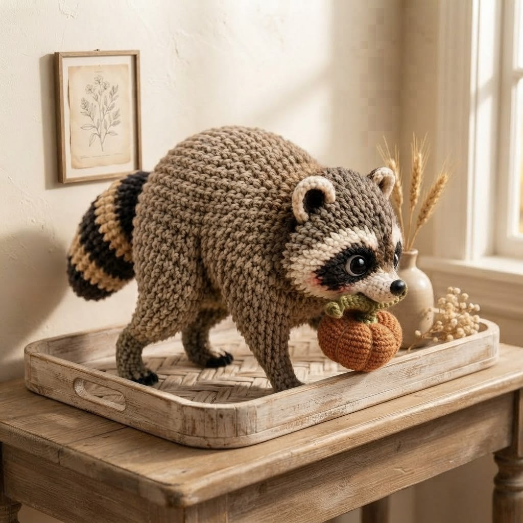 Jimothy Raccoon Crochet Stuffed Animal – Handmade Pumpkin Raccoon Desk Decor