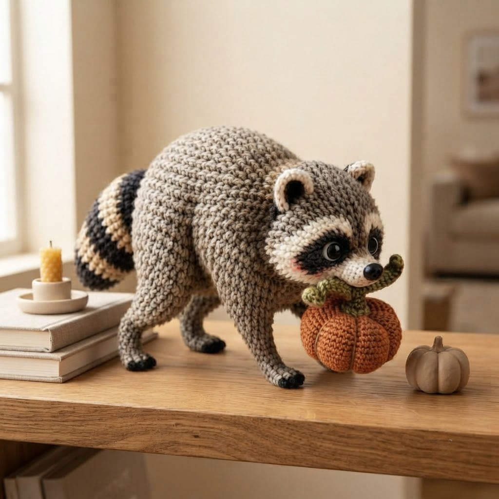 Jimothy Raccoon Crochet Stuffed Animal – Handmade Pumpkin Raccoon Desk Decor