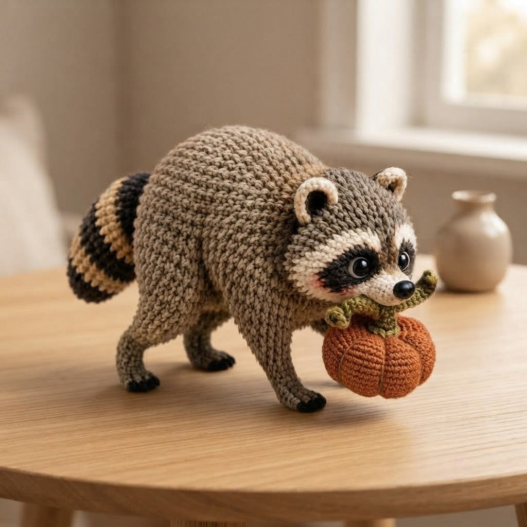Jimothy Raccoon Crochet Stuffed Animal – Handmade Pumpkin Raccoon Desk Decor
