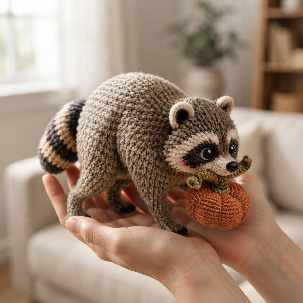 Jimothy Raccoon Crochet Stuffed Animal – Handmade Pumpkin Raccoon Desk Decor