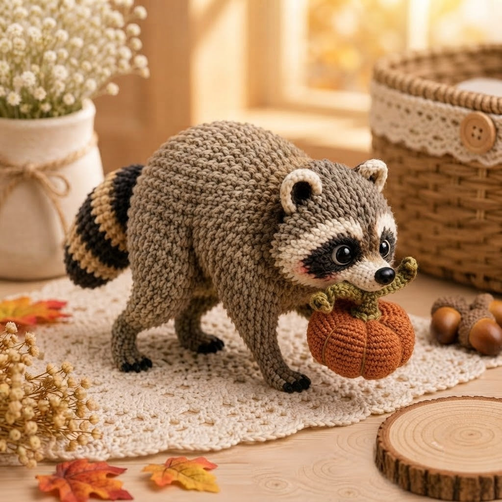 Jimothy Raccoon Crochet Stuffed Animal – Handmade Pumpkin Raccoon Desk Decor