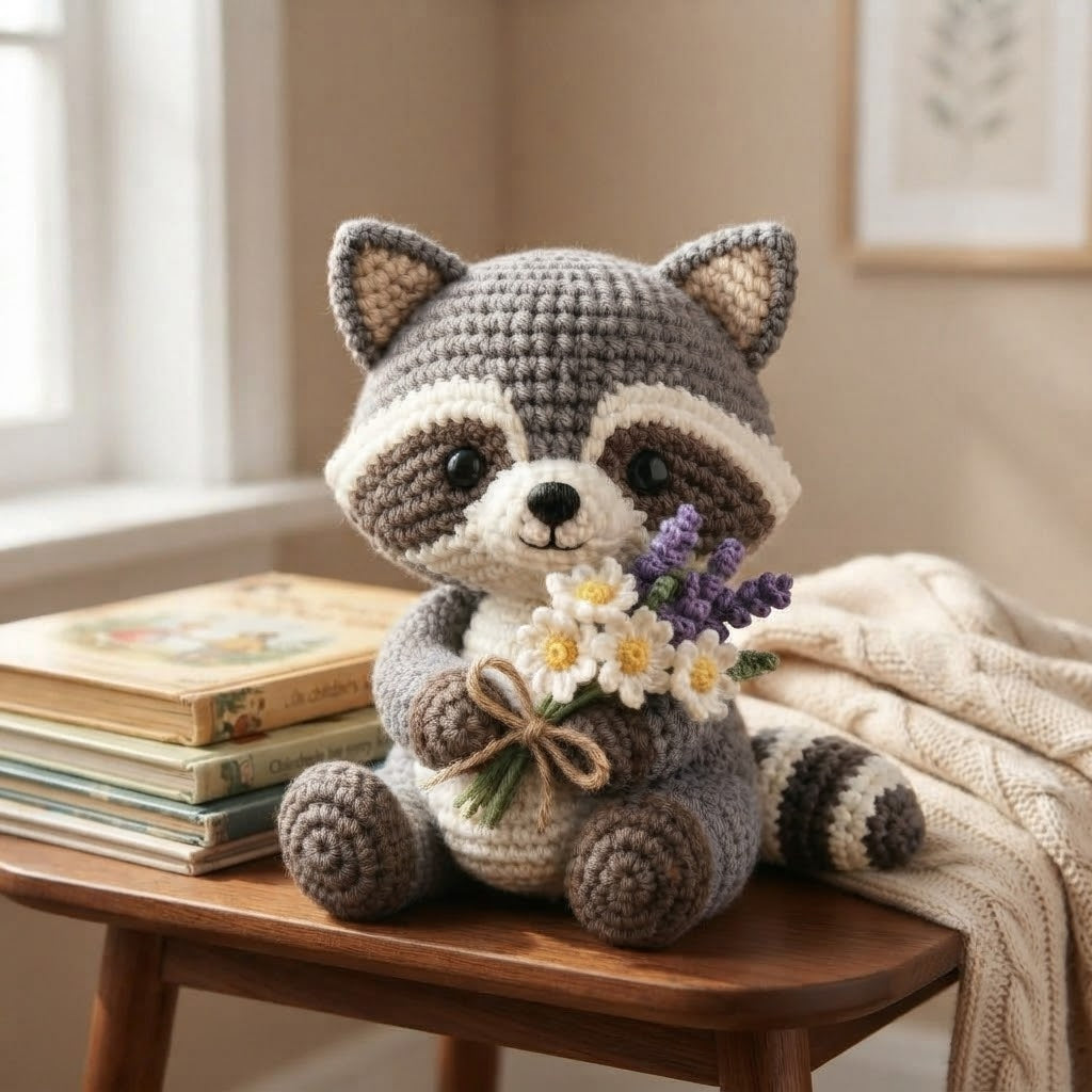 Handmade Crochet Raccoon Stuffed Animal – Sitting Floral Raccoon Plush Desk Decor