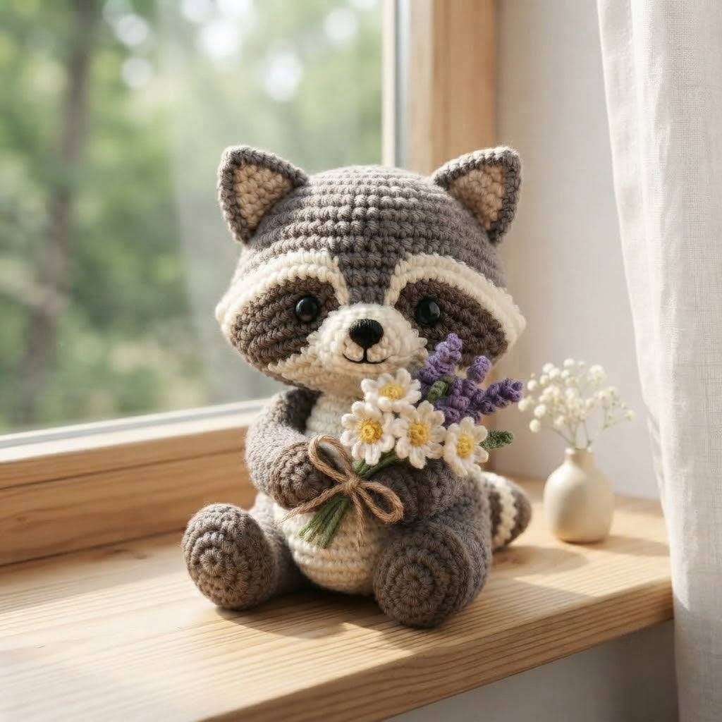 Handmade Crochet Raccoon Stuffed Animal – Sitting Floral Raccoon Plush Desk Decor
