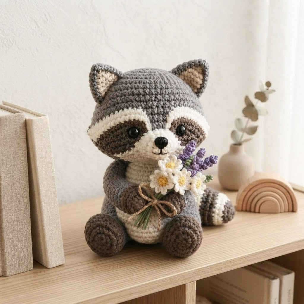 Handmade Crochet Raccoon Stuffed Animal – Sitting Floral Raccoon Plush Desk Decor