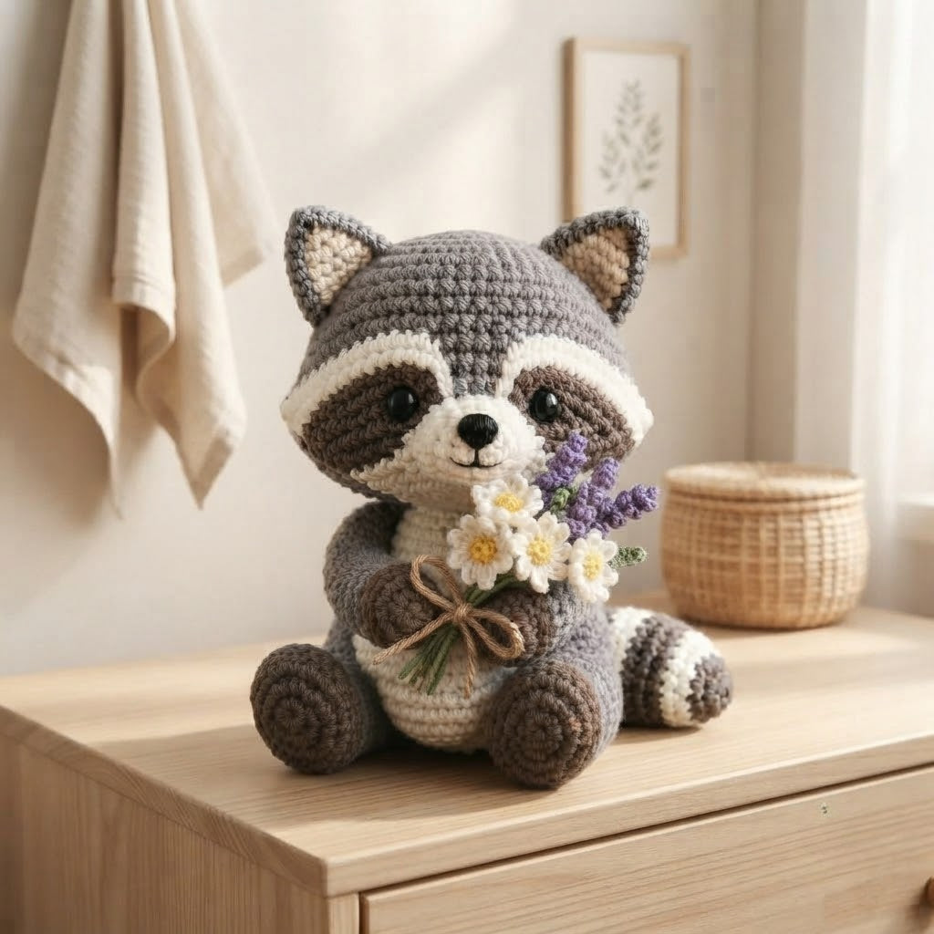 Handmade Crochet Raccoon Stuffed Animal – Sitting Floral Raccoon Plush Desk Decor